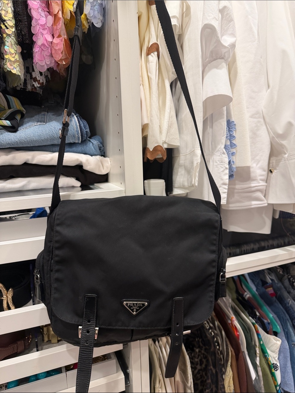 Prada Black Nylon Messenger Bag with Leather Straps - in great condition